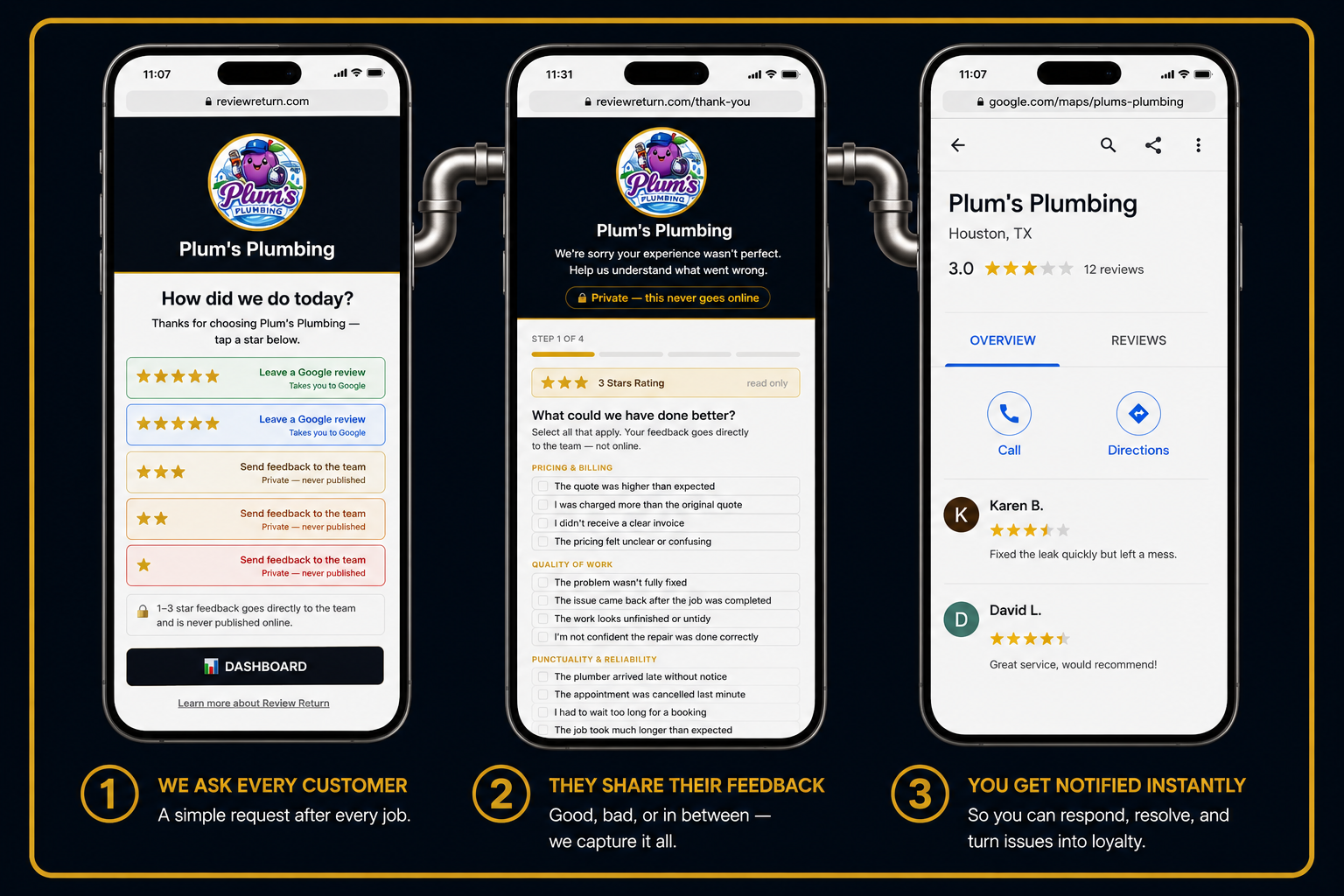Three phone screens: 1. We ask every customer — a simple request after every job, 2. They share their feedback — good, bad, or in between, we capture it all, 3. You get notified instantly — so you can respond, resolve, and turn issues into loyalty