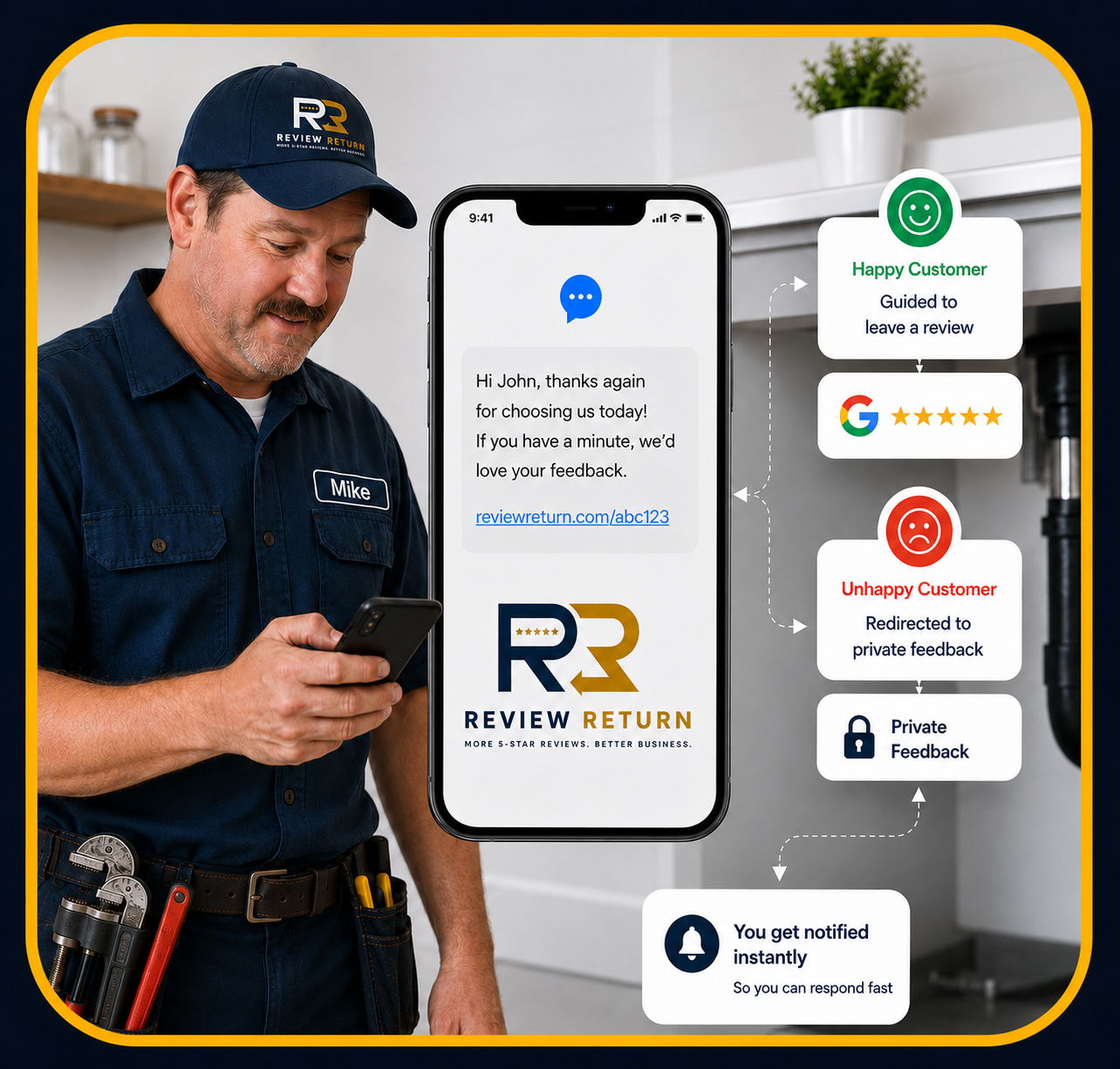 A tradesman sends a review request text to a customer. Happy customers are guided to leave a Google review, while unhappy customers are redirected to a private feedback form, and you get notified instantly so you can respond fast